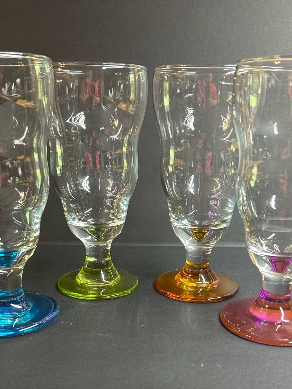 Set of Multicolor Stemmed Water Glasses with Colored Bases